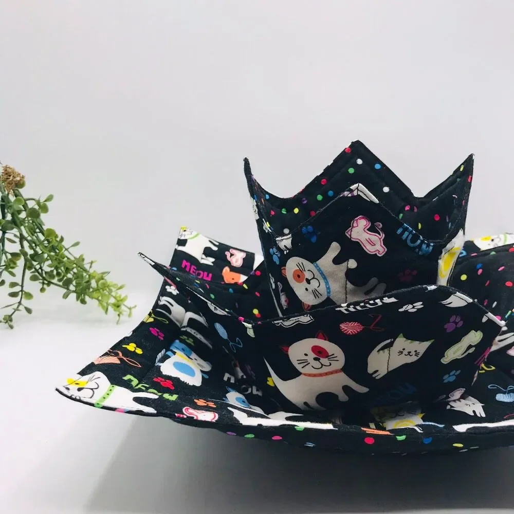 Microwave Bowl Cozy Holder, Reversible, Cute Cats, 3 Sizes, Plate, Soup, Pint